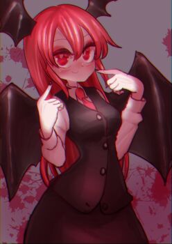 Rule 34 | 1girl, bat wings, black nails, black skirt, black vest, blood, blood splatter, blush, commentary request, demon girl, double-parted bangs, fingernails, hair between eyes, head wings, highres, index finger raised, koakuma, long hair, looking at viewer, morph426, nail polish, necktie, one-hour drawing challenge, red eyes, red hair, red necktie, shirt, skirt, skirt set, smile, solo, splatter background, straight hair, touhou, very long hair, vest, white shirt, wings