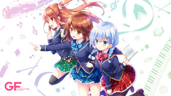 3girls :o asahina_momoko black_bow blue_bow blue_eyes blue_hair blue_jacket blue_skirt bow braid brown_eyes brown_hair button girlfriend_(kari) green_skirt highres jacket long_hair medium_hair multiple_girls murakami_fumio neckwear_request open_mouth plaid_clothes plaid_skirt pointing qp:flapper red_bow red_eyes red_skirt school_uniform shiina_kokomi shoes side_ponytail skirt smile tagme thighhighs train white_background