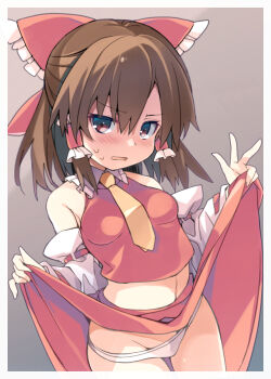 1girl absurdres blush bow breasts brown_eyes brown_hair clothes_lift commentary_request detached_sleeves embarrassed frilled_bow frilled_hair_tubes frills hair_bow hair_tubes hakurei_reimu highres lifting_own_clothes long_hair looking_at_viewer midriff navel necktie panties panty_pull red_bow red_skirt ribbon-trimmed_sleeves ribbon_trim skirt skirt_lift skirt_set small_breasts solo sweat tororo_(toriaezu) touhou underwear white_panties yellow_necktie