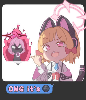 2girls animal_ear_headphones animal_ears aura blonde_hair blue_archive blue_necktie bow cat_ear_headphones cat_ears cat_tail collared_shirt dark_halo emoji english_text fake_animal_ears hair_bow halo headphones highres hoshino_(blue_archive) hoshino_terror_(blue_archive) jacket looking_at_viewer momoi_(blue_archive) multiple_girls necktie new_moon_face_emoji open_mouth pink_eyes pink_halo red_bow sam_szero shirt speech_bubble tail white_jacket white_shirt
