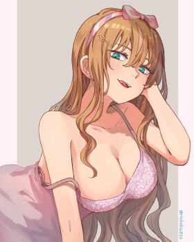 1girl :q absurdres alternate_costume alternate_hairstyle arm_support artist_name ayunda_risu bare_shoulders bent_over blush bow_hairband breasts brown_hair cleavage collarbone commentary floral_print green_eyes grey_background hair_between_eyes hair_lift hair_ornament hairband hairclip hand_in_own_hair highres hololive hololive_indonesia humanization indonesian_commentary kyoraku_(weng3133) large_breasts leaf_hair_ornament licking_lips long_hair looking_at_viewer nightgown open_mouth pink_nightgown simple_background smile solo strap_slip teeth tongue tongue_out twitter_username upper_teeth_only virtual_youtuber wavy_hair