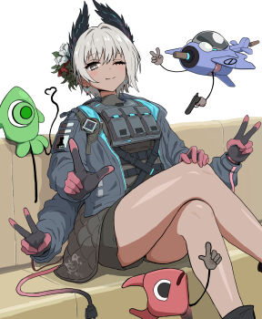 1girl arknights bird_girl black_feathers black_gloves blue_jacket cable cable_tail closed_mouth commentary_request couch crossed_legs dark-skinned_female dark_skin double_v drone earrings electric_plug electric_plug_tail extra_arms feathers gloves grey_eyes grey_hair hair_intakes hand_on_own_knee head_wings highres jacket jewelry l_hand looking_at_viewer mechanical_tail medium_hair multicolored_gloves on_couch one_eye_closed open_clothes open_jacket pink_gloves raidian's_summons_(arknights) raidian_(arknights) shorts sitting smile tail two-tone_gloves u5_oekaki v white_background wings