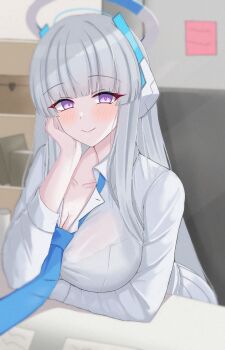 1girl absurdres arm_under_breasts black_bra blue_archive blue_necktie blurry blurry_background blush bra bra_visible_through_clothes breasts chair cleavage closed_mouth collared_shirt commentary dress_shirt grey_hair grey_halo halo hand_on_own_cheek hand_on_own_face head_rest headgear highres indoors large_breasts long_hair looking_at_viewer loose_necktie necktie noa_(blue_archive) on_chair pleated_skirt purple_eyes see-through_clothes see-through_shirt shirt sitting skirt smile solo sticky_note underwear white_shirt white_skirt woodhxx
