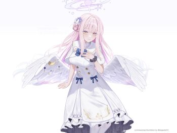 Rule 34 | 1girl, absurdres, angel wings, blue archive, blue bow, bow, buttons, capelet, closed mouth, commentary request, double-breasted, dress, feathered wings, feet out of frame, flower, gold trim, hair bun, hair flower, hair ornament, halo, highres, light blush, long hair, low wings, mika (blue archive), pink hair, pink halo, purple flower, scrunchie, simple background, single hair bun, single side bun, smile, solo, thehprm, very long hair, white background, white capelet, white dress, white wings, wing ornament, wings, wrist scrunchie