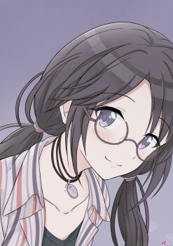 1girl black_hair black_shirt blue_eyes blush collared_shirt glasses grey_background highres idolmaster idolmaster_shiny_colors jewelry k_(nura-rikuo) long_hair low_twintails mitsumine_yuika necklace open_clothes open_shirt shirt signature smile solo striped_clothes striped_shirt twintails