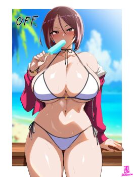 1girl bare_shoulders bikini blush breasts brown_hair cleavage curvy eating food food_in_mouth highres holding large_breasts legs looking_at_viewer navel okyou popsicle popsicle_in_mouth red_eyes short_hair side-tie_bikini_bottom solo string_bikini swimsuit the_king_of_fighters thighs thong_bikini toned whip_(kof)