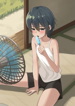 1girl :&lt; absurdres ahoge akts625 androgynous bare_shoulders black_hair black_shorts blush camisole collarbone commentary day dripping eating electric_fan embarrassed fanning_self flat_chest food from_above from_side grass hair_between_eyes half-closed_eyes highres holding holding_food holding_popsicle hot indoors kino_(kino_no_tabi) kino_no_tabi licking_food looking_at_viewer looking_to_the_side on_floor open_door popsicle romaji_commentary shadow short_hair short_shorts shorts shouji sitting sliding_doors solo sweat tatami tomboy tongue tongue_out veranda very_short_hair very_sweaty white_camisole