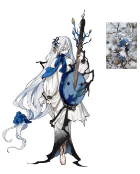 1girl absurdres bandages bandages_over_eyes barefoot biwa_lute blue_ribbon blue_scarf burnt chinese_commentary commentary_request dress full_body hair_ornament hair_ribbon he_ji_(ryou) highres holding holding_instrument instrument long_hair long_sleeves low-tied_long_hair lute_(instrument) original personification puffy_long_sleeves puffy_sleeves reference_inset ribbon scarf simple_background skirt_hold solo very_long_hair white_background white_dress white_hair white_sleeves