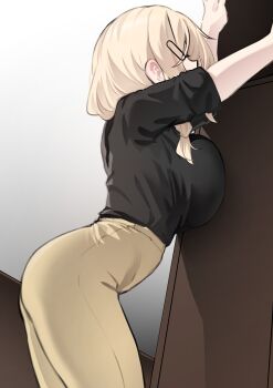 Rule 34 | 1girl, absurdres, arms up, ass, black shirt, blonde hair, breast press, breasts, green scrunchie, hair ornament, hair over shoulder, hair scrunchie, hairclip, high-waist pants, highres, k0ng, large breasts, long hair, merc-san (k0ng), narrow waist, original, pants, reaching, scrunchie, shelf, shirt, short sleeves, sleeves rolled up, solo, yellow pants