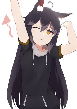 1girl absurdres ahoge animal_ear_fluff animal_ears arms_up arrow_(symbol) black_hair black_hoodie blush closed_mouth commentary_request drawstring hair_between_eyes highres hood hoodie long_hair nyaha one_eye_closed orange_eyes original short_sleeves simple_background solo stretching tears very_long_hair white_background
