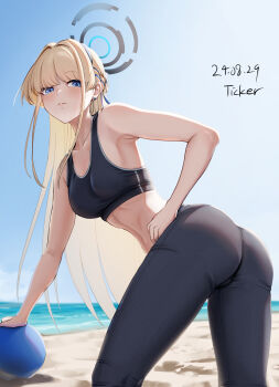1girl alternate_costume ass beach blonde_hair blue_archive blue_eyes breasts earrings halo highres jewelry long_hair looking_at_viewer medium_breasts ocean sand solo ticker_(kks2ksy) toki_(blue_archive)