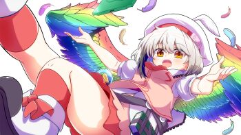 book commission flask hat hidamari_(mizuiro_yume_koubou) highres hollow_song_of_birds multicolored_wings outstretched_arms pink_vest pixiv_commission rainbow_gradient rainbow_wings red_socks round-bottom_flask shoes simple_background socks spread_arms test_tube test_tube_holster torisumi_horou touhou vest vial white_background white_hat wing_hat_ornament wings yellow_eyes