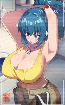 1girl adjusting_hair armpits arms_up blue_eyes blue_hair breasts camouflage camouflage_pants crop_top dog_tags hair_lift hair_tie_in_mouth hands_in_own_hair hidden_camera highres holding holding_own_hair hotsobadraws large_breasts leona_heidern midriff mouth_hold pants ponytail recording solo tank_top the_king_of_fighters the_king_of_fighters_xv tying_hair