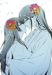 Rule 34 | 2girls, blue eyes, closed eyes, commentary request, counter:side, falling petals, flower, from side, hair flower, hair ornament, highres, imminent kiss, japanese clothes, kimono, limited palette, long hair, long sleeves, looking at another, moka (mochafree), multiple girls, nanahara chifuyu, nanahara chinatsu, orange flower, petals, profile, simple background, upper body, white background, yuri