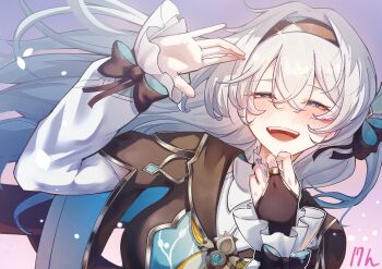 Rule 34 | 1girl, :d, absurdres, black hairband, blush, breasts, commentary request, crossed bangs, firefly (honkai: star rail), grey hair, hair between eyes, hairband, highres, honkai: star rail, honkai (series), long hair, looking at viewer, memeiradesuyo, multicolored eyes, open mouth, shirt, smile, solo, teeth, tongue, upper teeth only, watermark, white shirt