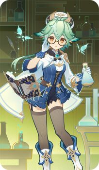 1girl adjusting_eyewear animal_ears bad_source black_thighhighs boots bottle bug butterfly genshin_impact glasses gloves green_hair hand_up holding holding_bottle insect long_hair long_sleeves looking_at_viewer multicolored_eyes official_art parted_lips round_eyewear solo standing sucrose_(genshin_impact) thighhighs two-tone_eyes white_boots white_gloves