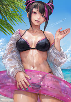 1girl beach bikini black_bikini black_hair blue_eyes breasts cowboy_shot han_juri highres hair_horns jacket medium_breasts miche multicolored_hair ocean palm_tree purple_eyes purple_hair see-through_clothes see-through_jacket solo streaked_hair street_fighter swim_ring swimsuit tree two-tone_hair wet wet_jacket white_jacket