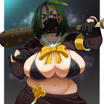 1girl armband baseball_bat bikini bikini_top_only black_bikini black_bra black_gloves black_mask black_shirt black_skirt bow bra breasts bunkwizard cleavage clothes_lift clover curvy earrings gloves green_eyes green_hair highres holding holding_baseball_bat huge_breasts jewelry mask midori_(riz) mole mole_on_breast mouth_mask multiple_earrings pleated_skirt plump school_uniform shirt skirt solo spiked_bat swimsuit underwear yellow_armband yellow_bow