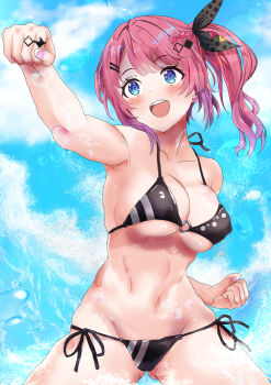 1girl absurdres bikini black_bikini blue_eyes breasts clenched_hand cloud commentary_request fingernails hair_ribbon harumaki1005 highres jewelry kuramochi_meruto medium_breasts navel nijisanji o-ring o-ring_bikini o-ring_top pink_nails punching red_hair revision ribbon ring side-tie_bikini_bottom side_ponytail solo striped_bikini striped_clothes swimsuit teeth upper_teeth_only virtual_youtuber
