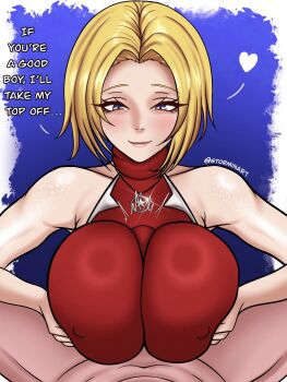 1boy 1girl artist_name blonde_hair blue_eyes blue_mary clothed_female_nude_male commission english_text fatal_fury hetero highres nude paizuri paizuri_under_clothes penis_under_another&#039;s_clothes pov short_hair snk solo_focus stormin_art the_king_of_fighters tight_clothes