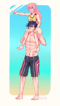 absurdres beach bikini black_hair breasts carrying_over_shoulder couple eiyuu_densetsu falcom green_eyes handsome_man happy highres juna_crawford long_hair muscular muscular_male pink_hair pointing purple_eyes rean_schwarzer sen_no_kiseki_(series) smile swimsuit walking yellow_bikini
