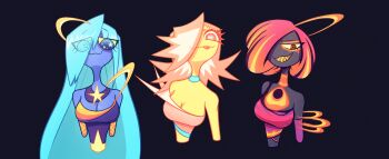 3girls black_skin blackhole_blitz blue_eyes blue_hair blue_skin borrowed_character breasts choker cleavage colored_sclera colored_skin female_focus gooseworx highres huge_breasts jewelry long_hair matching_hair/eyes multicolored_hair multiple_girls orange_eyes original red_hair sharp_teeth short_hair star-shaped_pupils star_(symbol) starlane_stroll supernova_shakedown symbol-shaped_pupils teeth upper_body yellow_sclera yellow_skin