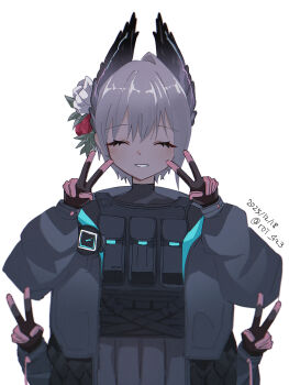 1girl ^_^ arknights black_shirt black_skirt blush_stickers closed_eyes dated double_v flower grey_hair grey_jacket hair_flower hair_ornament highres jacket long_sleeves open_clothes open_jacket pleated_skirt puffy_long_sleeves puffy_sleeves raidian_(arknights) red_flower roi_423 shirt simple_background skirt smile solo twitter_username v white_background white_flower