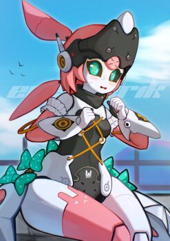 1girl armband bird black_sclera blue_sky blush bow breasts cloud colored_sclera cowboy_shot ey3linr frilled_armband frills green_bow green_eyes hashtag-only_commentary highres hollow_(zenless_zone_zero) humanoid_robot joints looking_at_viewer mechanical_arms mechanical_ears mechanical_legs open_mouth polka_dot polka_dot_bow robot robot_girl robot_joints sitting sky small_breasts solo sweatdrop white_armband yutane_johiel zenless_zone_zero