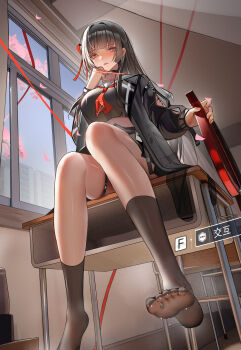 1girl absurdres arm_cutout black_hair black_jacket black_skirt black_socks blush chinese_commentary chisa_(wuthering_waves) classroom clothing_cutout commentary_request desk feet hair_ribbon highres holding indoors jacket large_arm legs long_hair long_sleeves looking_at_viewer neckerchief no_shoes on_desk parted_lips red_eyes red_neckerchief red_ribbon ribbon sailor_collar school_desk sitting skirt socks soles solo tacet_mark_(wuthering_waves) thigh_strap toes white_sailor_collar wuthering_waves xiaojuan_(user_ezvt7287)