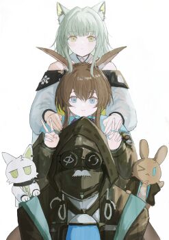 1other 2girls amiya_(arknights) animal_ear_fluff animal_ears arknights blue_eyes brown_hair cat_ears cat_girl chinese_commentary closed_mouth commentary_request doctor_(arknights) double_v green_eyes green_hair gumiaoandpeace highres hood hood_up hooded_jacket jacket jewelry kal'tsit_(arknights) multiple_girls multiple_rings rabbit_ears rabbit_girl ring secretary_settings_(arknights) simple_background smile stuffed_animal stuffed_cat stuffed_rabbit stuffed_toy v white_background