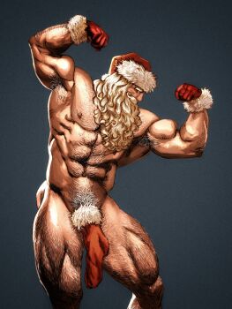 1boy abs absurdres arm_hair armpit_hair armpits bara beard bodybuilder bota86mochi chest_hair christmas double_biceps_pose excessive_pubic_hair facial_hair feet_out_of_frame flexing hairy hat highres large_pectorals leg_hair long_beard looking_at_viewer male_focus mature_male muscular muscular_male mustache navel navel_hair nipple_hair nipples original pectorals pubic_hair red_hat santa_costume santa_hat short_hair shredded_muscles sock_on_penis socks solo standing stomach thick_eyebrows thick_mustache thick_thighs thighs very_long_beard