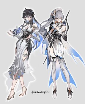 Rule 34 | 2girls, alternate design, blue eyes, breasts, bronya zaychik, chest tattoo, commentary, crossed bangs, crossed legs, detached sleeves, dress, earrings, english commentary, flute, grey eyes, grey hat, hair between eyes, hat, highres, holding, holding flute, holding instrument, honkai (series), honkai impact 3rd, instrument, jewelry, mie xing, multiple girls, pointy ears, ponytail, seele vollerei, signature, sleeveless, sleeveless dress, tattoo, twitter username, white dress