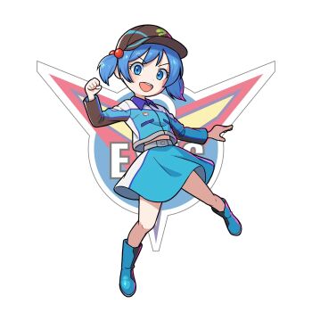 1girl :d absurdres bad_tag bare_legs baseball_cap belt black_hat black_jacket blue_boots blue_eyes blue_hair blue_jacket blue_skirt boots clenched_hand collared_jacket commentary dot_nose full_body hair_bobbles hair_ornament hand_up hat highres jacket kawashiro_nitori legs_apart logo logo_background long_sleeves looking_at_viewer midriff_peek miniskirt multicolored_jacket multicolored_skirt open_mouth short_hair silver_belt silver_trim simple_background skirt smile solo team_eyes_uniform tokusatsu touhou two_side_up ultra_series ultraman_cosmos_(series) user_cftx2524 v-shaped_eyebrows white_background white_jacket white_skirt