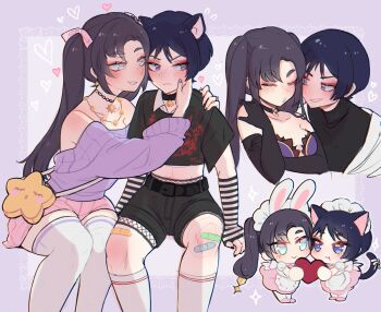 1boy 1girl :t alternate_costume animal_ears apron aqua_eyes armpit_crease assertive_female averting_eyes bag bandaid bandaid_on_leg bell belt belt_collar black_belt black_bodysuit black_choker black_gloves black_hair black_nails black_shirt black_shorts black_sleeves blunt_ends blush bodysuit border bow casual cat_boy cat_tail chibi choker choppy_bangs closed_eyes closed_mouth collar collarbone collared_shirt commission contemporary couple cropped_shirt dress earrings elbow_gloves enmaided eyeliner eyeshadow facing_another flying_sweatdrops frilled_apron frills genshin_impact gloves grey_background hair_bow hair_intakes half-closed_eyes hand_on_another&#039;s_cheek hand_on_another&#039;s_face hand_on_own_arm hand_up handbag heads_together heart hetero highres holding holding_heart japanese_clothes jewelry jingle_bell kimono kneehighs leotard long_hair long_sleeves looking_at_another maid maid_apron maid_headdress makeup mona_(genshin_impact) multiple_views necklace off_shoulder olddorothy open_mouth parted_bangs pink_bow pink_dress pink_skirt pleated_skirt ponytail_holder puffy_sleeves purple_border purple_leotard purple_sleeves purple_sweater purple_trim rabbit_ears rabbit_girl raised_eyebrows red_eyeliner red_eyeshadow scaramouche_(genshin_impact) second-party_source shirt short_eyebrows short_sleeves shorts sidelocks sideways_glance skirt smile smirk socks star-shaped_bag star_(symbol) star_choker star_earrings star_necklace striped_sleeves sweater tail thighhighs tsurime turtleneck turtleneck_bodysuit twintails wanderer_(genshin_impact) wavy_mouth white_apron white_collar white_headdress white_kimono white_mouth white_sleeves white_socks white_thighhighs yellow_bag