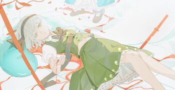 Rule 34 | 2girls, absurdres, black bow, black bowtie, black hairband, black shoes, blood, blood on hands, blue kimono, bow, bowtie, collared shirt, commentary request, dying, frilled skirt, frills, green eyes, green skirt, green vest, grey hair, hairband, highres, hitodama, hitodama print, japanese clothes, katana, kimono, konpaku youmu, konpaku youmu (ghost), li meng shan, multiple girls, planted, planted sword, pool of blood, puffy short sleeves, puffy sleeves, saigyouji yuyuko, shirt, shoes, short sleeves, skirt, skirt set, solo focus, sword, touhou, vest, weapon, white shirt