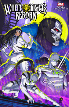 abs absurdres ava_ayala black_hair bodysuit character_name character_request colored_sclera comic_cover commentary copyright_logo copyright_name covered_abs covered_pectorals domino_mask dual_persona english_commentary english_text eye_mask green_sclera hand_on_own_hip highres jewelry jhony_caballero logo long_hair marvel mask muscular muscular_male necklace no_pupils on_rooftop orange_eyes pectorals ponytail profile purple_sky rain red_sclera skull_mask sky squatting superhero_costume tiger water_tower white_bodysuit white_tiger_(marvel)