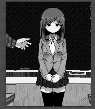 1girl blazer board_eraser border chalkboard closed_mouth collared_shirt greyscale hamsterfragment introduction jacket jaggy_lines lapels long_sleeves lowres medium_hair miniskirt monochrome neck_ribbon no_nose notched_lapels original out_of_frame own_hands_together plaid_clothes plaid_shirt pleated_skirt ribbon school_uniform shirt skirt solo_focus straight-on shinohata_sachie_(hamsterfragment) thighhighs zettai_ryouiki