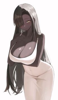 1girl absurdres arm_under_breasts bare_shoulders black_hair blush breasts cleavage closed_mouth collarbone covered_navel cowboy_shot dark-skinned_female dark_skin dress eyelashes hair_between_eyes hair_over_one_eye half-closed_eye highres huge_breasts large_breasts leaning_forward limbus_company long_hair looking_at_viewer project_moon seungju sidelocks simple_background sleeveless sleeveless_dress smile solo standing very_dark_skin very_long_hair white_background white_dress yellow_eyes zilu_(project_moon)