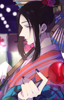 1boy absurdres aryu_jyubei black_hair blue_lock candy_apple closed_mouth commentary_request festival food hair_bun highres japanese_clothes kimono looking_at_viewer male_focus nekoma_hikaru oil-paper_umbrella purple_nails sidelocks solo sparkle umbrella upper_body