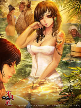 3girls applibot ass back_tattoo breasts brown_eyes brown_hair bucket cigarette cleavage copyright_name dated furyou_michi_~gang_road~ hair_over_one_eye headphones highres large_breasts lips looking_back monkey multiple_girls naked_towel nude onsen parted_lips profile rock smile smoke smoking tattoo towel water watermark wooden_bucket xaxak