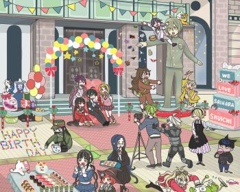 Rule 34 | 6+boys, 6+girls, ^ ^, akamatsu kaede, alcohol, amami rantaro, animal, birthday cake, black hair, blue hair, bontarosu, cake, camera, censored, chabashira tenko, character name, closed eyes, commentary request, confetti, cup, cupcake, danganronpa (series), danganronpa v3: killing harmony, dark-skinned female, dark skin, day, dildo, drink, drinking, drinking glass, english text, everyone, food, full body, garland (decoration), gokuhara gonta, haniwa (statue), happy birthday, harukawa maki, heart, height difference, highres, holding, holding animal, holding drink, holding tray, hoshi ryoma, iruma miu, k1-b0, long hair, male underwear, momota kaito, monodam, monokid, monophanie, monosuke, monotaro (danganronpa), mosaic censoring, multiple boys, multiple girls, non-humanoid robot, oma kokichi, outdoors, oversized food, oversized object, panties, parfait, purple hair, red hair, robot, robot animal, saihara shuichi, school, school uniform, serafuku, sex toy, shadow, shirogane tsumugi, short male, statue, taking picture, throwing, tojo kirumi, tray, underwear, unworn male underwear, unworn panties, v, very long hair, white hair, wine, wine glass, yonaga angie, yumeno himiko