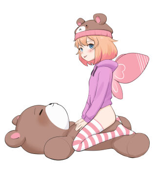 1girl :p absurdres animal_hood bear_hood blue_eyes blush bottomless drawstring fairy_wings from_side hat highres hood hood_down hoodie indie_virtual_youtuber kuroshiro00 loli long_sleeves looking_at_viewer no_shoes orange_hair pink_hoodie short_hair simple_background sizzlesjellyqueen solo straddling striped_clothes striped_thighhighs stuffed_animal stuffed_toy teddy_bear thighhighs tongue tongue_out virtual_youtuber white_background wings