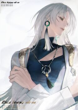 1girl absurdres du_ruo_(path_to_nowhere) earrings from_below green_eyes grip highres holding_own_arm jewelry long_hair looking_to_the_side necklace path_to_nowhere white_hair ymy_kui