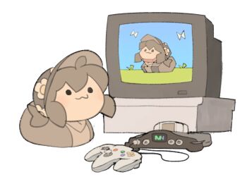 :3 brown_hair brown_hat closed_mouth commentary crt english_commentary floral_print floral_print_hat full_body game_cartridge game_console hat highres nintendo_64 nintendo_64_controller original print_hat simple_background smile solid_oval_eyes solo tem_loaf_(temmie_chang) temmie_chang temmie_chang_(character) white_background