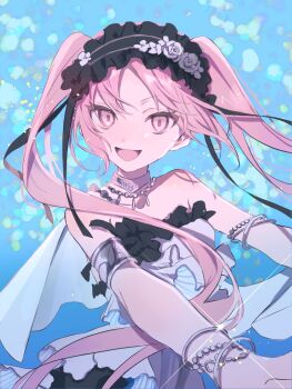 1girl armlet bracelet dress euryale_(fate) fate/grand_order fate_(series) frilled_dress frilled_hairband frills hairband headdress highres jewelry lolita_hairband long_hair looking_at_viewer modotteku necklace open_mouth purple_eyes purple_hair ribbon-trimmed_hairband smile solo twintails white_dress