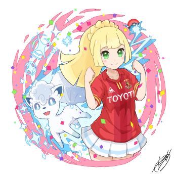 1girl alolan_form alolan_vulpix alternate_costume blonde_hair bright_pupils commentary_request confetti gen_7_pokemon green_eyes highres lillie_(pokemon) long_hair looking_at_viewer nagoya_grampus nintendo poke_ball poke_ball_(basic) pokemon pokemon_(creature) pokemon_sm red_shirt shirt short_sleeves simple_background soccer_uniform sportswear toyota white_background white_pupils zeni_maru