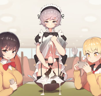 1girl 2boys apron black_bow black_hair black_thighhighs blonde_hair blunt_bangs blurry blush bow bowtie breasts brown_eyes cellphone censored closed_mouth clothes_lift collared_shirt cum cum_on_food depth_of_field dress dress_lift ejaculation erection food garter_belt garter_straps hair_ornament hairclip has_uncensored_version highres holding holding_phone holding_tray ice_cream indoors lifting_own_clothes lingerie long_sleeves looking_away looking_down maid maid_headdress male_masturbation masturbation mosaic_censoring multiple_boys neckerchief necktie no_panties open_mouth original parted_lips penis penis_ornament pepper0 phone public_indecency puffy_short_sleeves puffy_sleeves red_bow restaurant sailor_collar shaved_ice shirt short_hair short_sleeves skindentation smartphone table testicles thighhighs trap tray trembling underwear white_apron white_shirt yellow_eyes