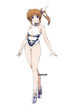 1girl adapted_costume bare_shoulders breasts brown_hair commentary_request full_body highleg highleg_leotard highres leotard looking_at_viewer lyrical_nanoha mahou_shoujo_lyrical_nanoha medium_breasts oshimaru026 purple_eyes side_ponytail solo standing takamachi_nanoha variant_set white_background white_leotard