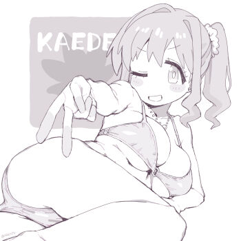 Rule 34 | 1girl, ;), ass, bare arms, bare legs, bare shoulders, bikini, blush stickers, breasts, character name, commentary request, foreshortening, greyscale, grin, hair intakes, hair ornament, hair scrunchie, highres, hozuki kaede, jewelry, large breasts, looking at viewer, lying, matado (almukha), monochrome, necklace, o-ring, o-ring bikini, on side, one eye closed, onii-chan wa oshimai!, scrunchie, side ponytail, simple background, smile, solo, swimsuit, twitter username, v, wide hips