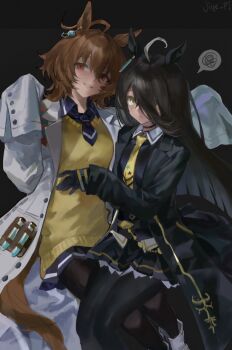 Rule 34 | 2girls, agnes tachyon (tach-nology) (umamusume), agnes tachyon (umamusume), ahoge, animal ears, black choker, black coat, black gloves, black hair, black pantyhose, black shirt, black skirt, brown hair, chemical structure, choker, closed mouth, coat, collared shirt, cork, ear tag, earrings, gloves, hair between eyes, highres, horse ears, horse girl, horse tail, jewelry, jiye p1, lab coat, long bangs, long hair, long hair between eyes, long sleeves, looking at viewer, manhattan cafe (creeping black) (umamusume), manhattan cafe (umamusume), medium hair, multicolored hair, multiple girls, necktie, pantyhose, parted lips, red eyes, shirt, short necktie, single earring, skirt, sleeves past fingers, sleeves past wrists, smile, speech bubble, sweater, sweater vest, tail, test tube, umamusume, very long hair, white coat, white hair, yellow eyes, yellow necktie, yellow sweater, yellow sweater vest